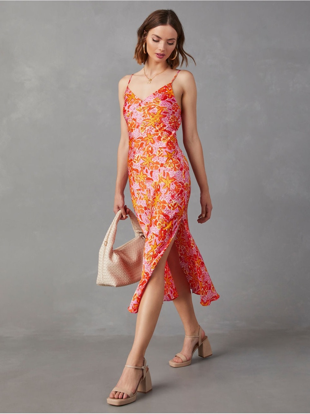 Vici‎ Allen Satin Floral Pink & Orange Slip Midi Dress